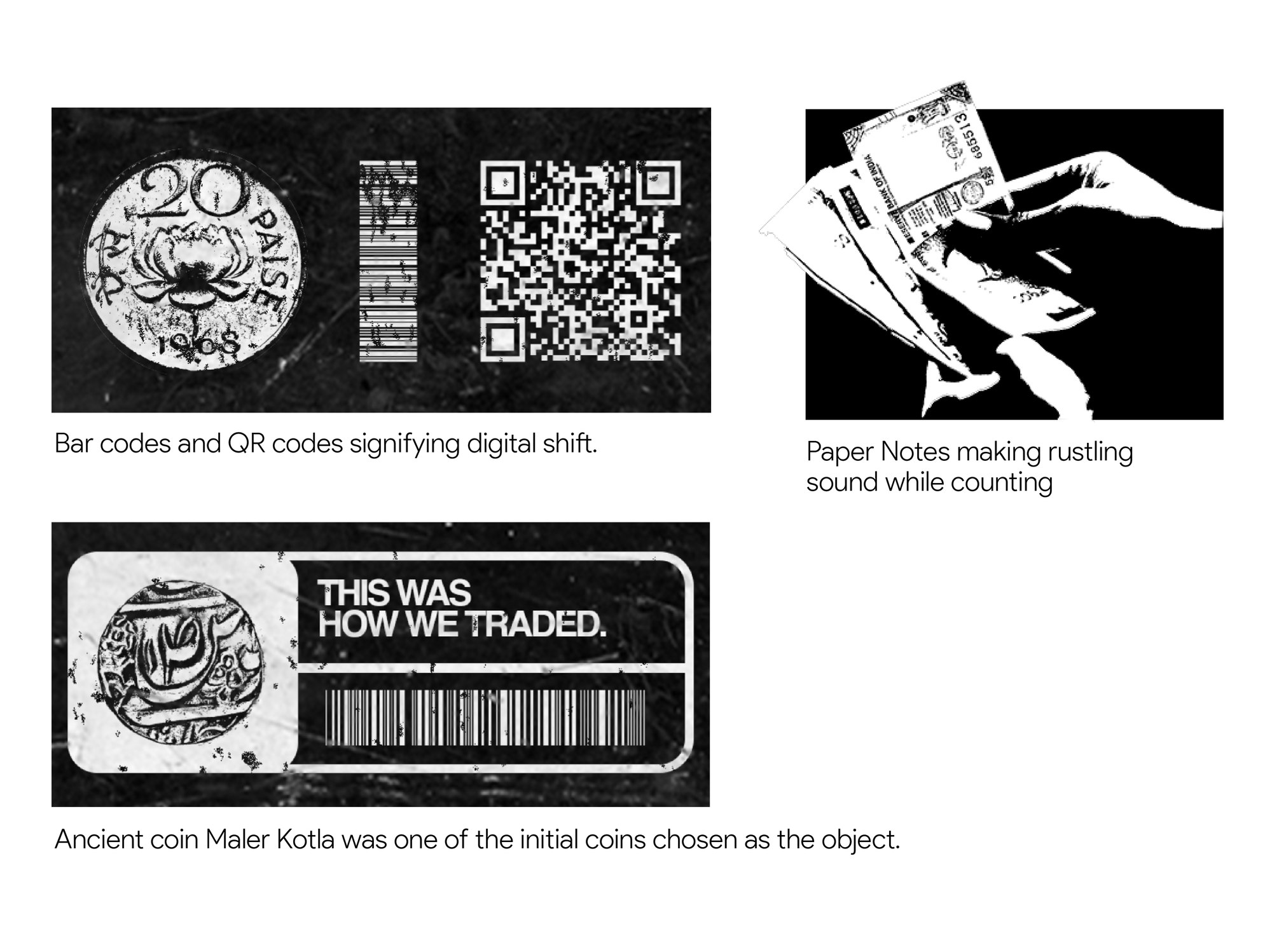 Individual object and texture elements for the A1 poster: coin, barcode, QR code and torn note illustration